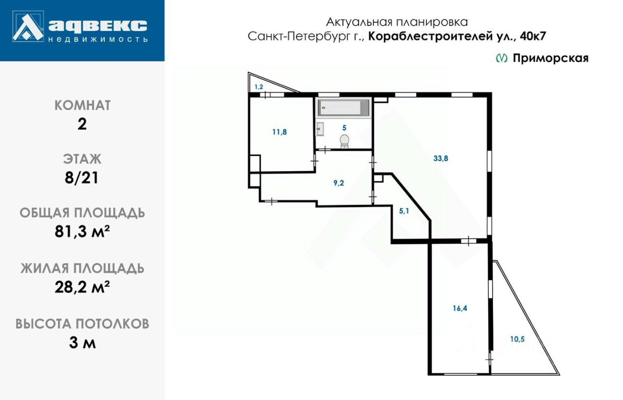 Продажа 2-комн квартиры на вторичном рынке улица Кораблестроителей, 40к7