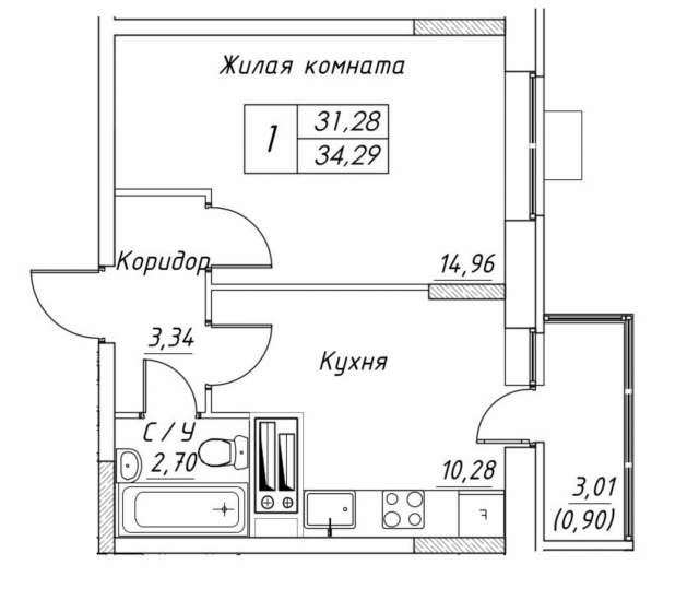 Планировка ЖК Большевик, 14.96 м2