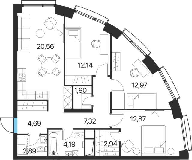 Планировка ЖК Соседи 21/19, 37.98 м2