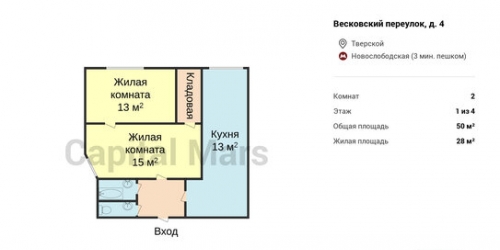2-комн квартира Весковский переулок,  д. 4