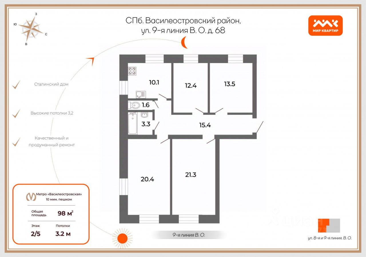 Продажа 4-комн квартиры на вторичном рынке 9-я Васильевского острова линия, 68