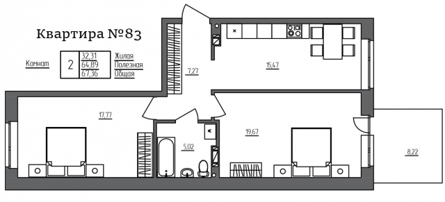 Планировка ЖК Счастье 2.0, 37.4 м2