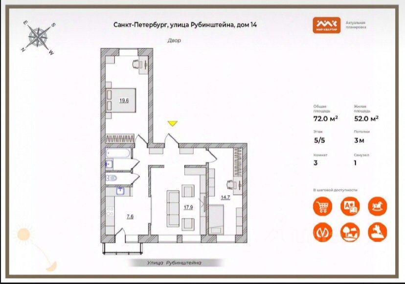 Продажа 3-комн квартиры на вторичном рынке улица Рубинштейна, 14
