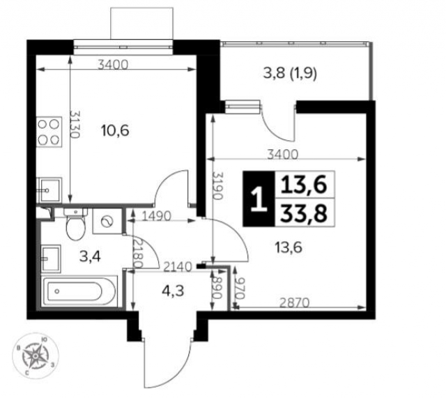 Планировка ЖК Южная Битца, 13.6 м2