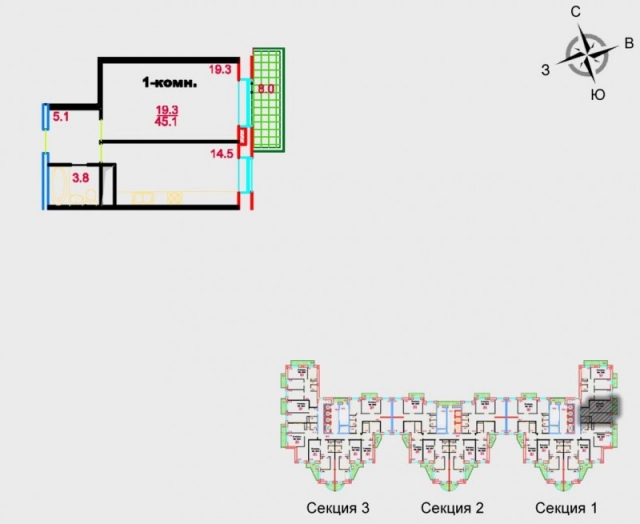 Планировка ЖК Единый стандарт, 19.3 м2