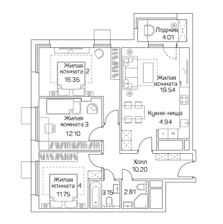 Планировка ЖК UNO Старокоптевский, 40.2 м2