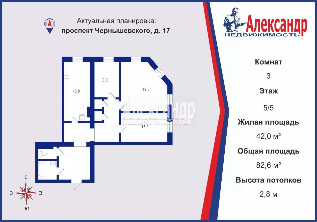 Продажа 3-комн квартиры на вторичном рынке проспект Чернышевского, 17