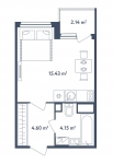 Планировка ЖК Светлый мир БиоПолис, 15.4 м2