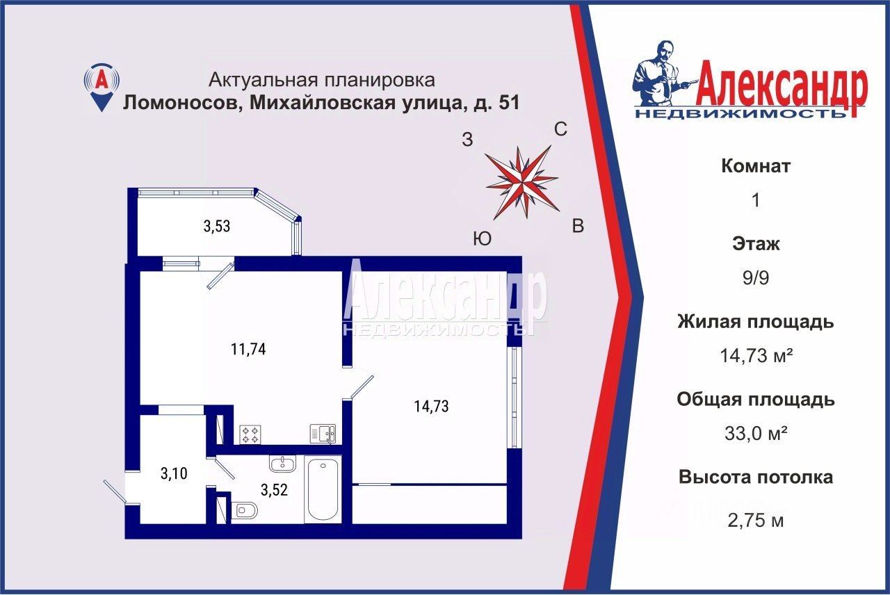 Продажа 1-комн квартиры на вторичном рынке Ломоносов, Михайловская улица, 51