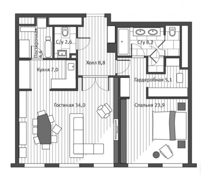 Планировка ЖК ВТБ Арена парк, 23.9 м2
