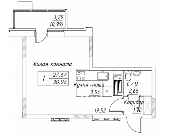 Планировка ЖК Большевик, 23.06 м2
