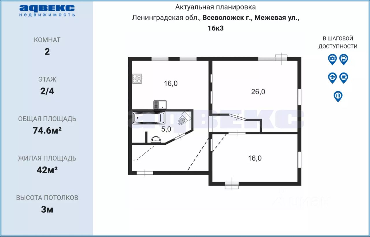 Продажа 2-комн квартиры на вторичном рынке Всеволожск, Межевая улица, 16к3
