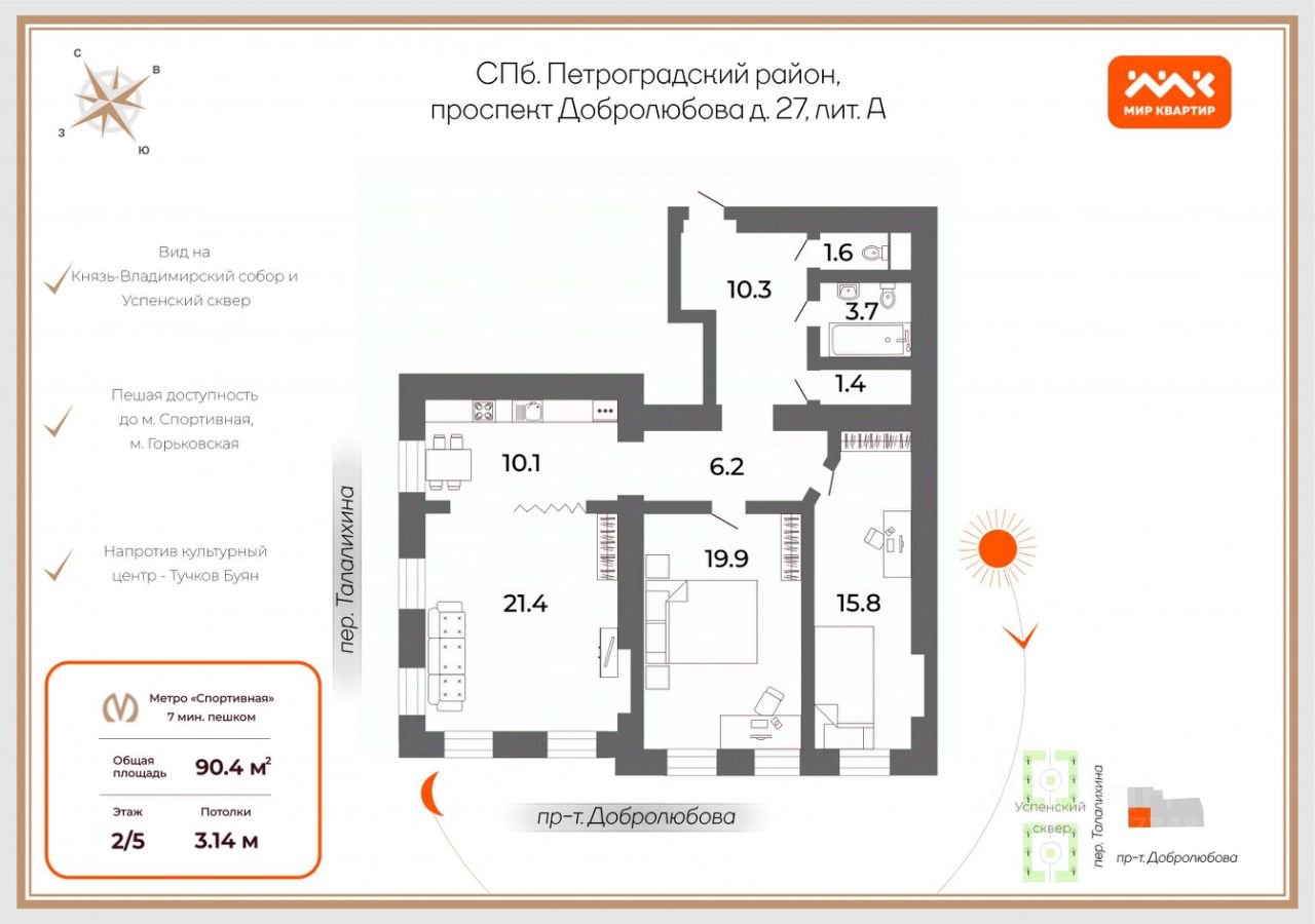 Продажа 2-комн квартиры на вторичном рынке проспект Добролюбова, 27