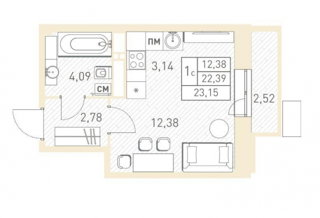 Планировка ЖК Столичный, 12.38 м2