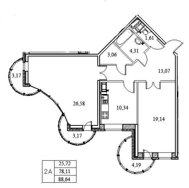 Планировка ЖК Панорамы залива, 45.72 м2