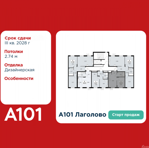 1-комн квартира Лаголово, жилой комплекс А101 Лаголово, 1.3-2