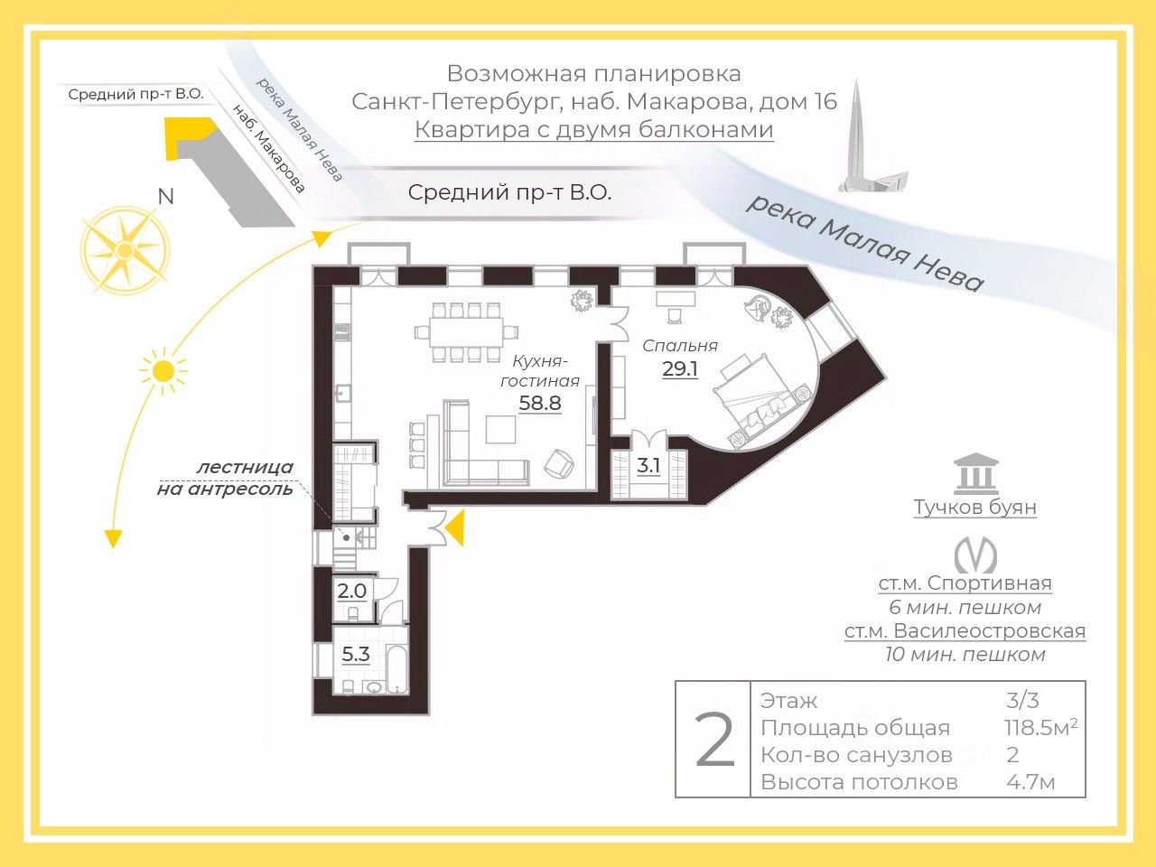 Продажа 2-комн квартиры на вторичном рынке набережная Макарова, 16/2