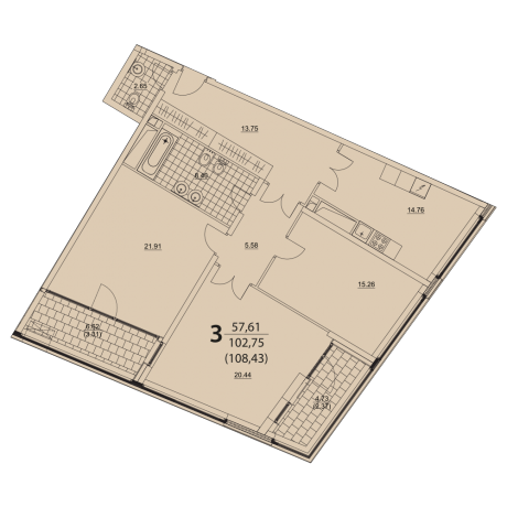 Планировка ЖК PRIZMA, 57.61 м2