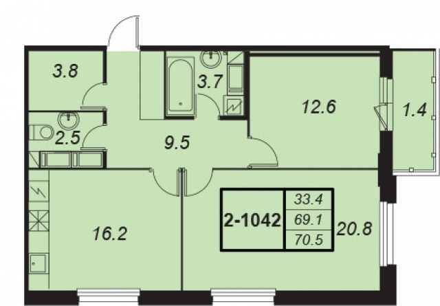Планировка ЖК Жемчужный фрегат, 33.4 м2