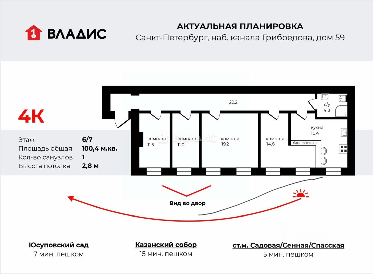 Продажа 4-комн квартиры на вторичном рынке набережная Канала Грибоедова, 59