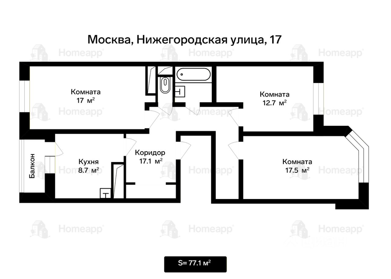 Продажа 3-комн квартиры на вторичном рынке Нижегородская улица, 17