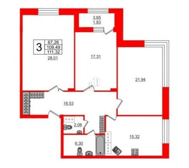 Планировка ЖК Riverside, 67.26 м2