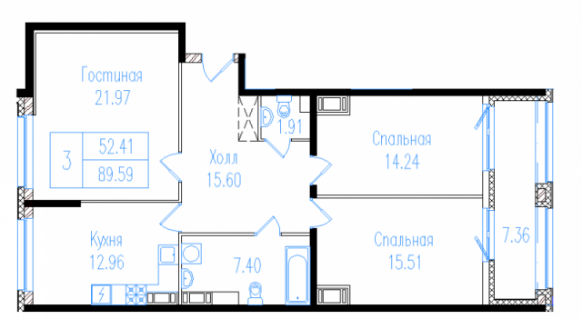 Планировка ЖК Дом-Мегалит на Неве, 51.72 м2