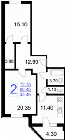 Планировка ЖК Холмогоры-3, 35.45 м2