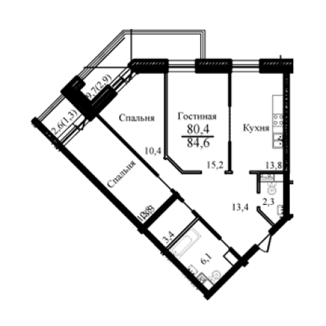 Планировка ЖК Ракитня, 44.4 м2