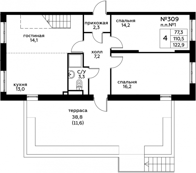 Планировка ЖК Эко Бунино, 44.5 м2