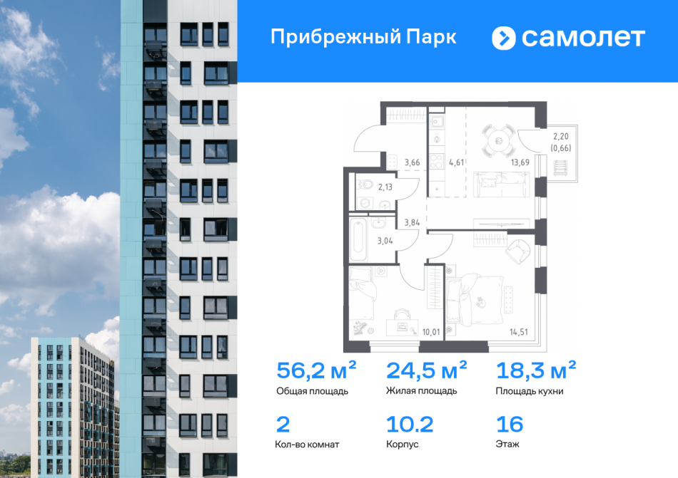 Продажа 2-комн квартиры в новостройке село Ям, ЖК Прибрежный Парк, 10.2