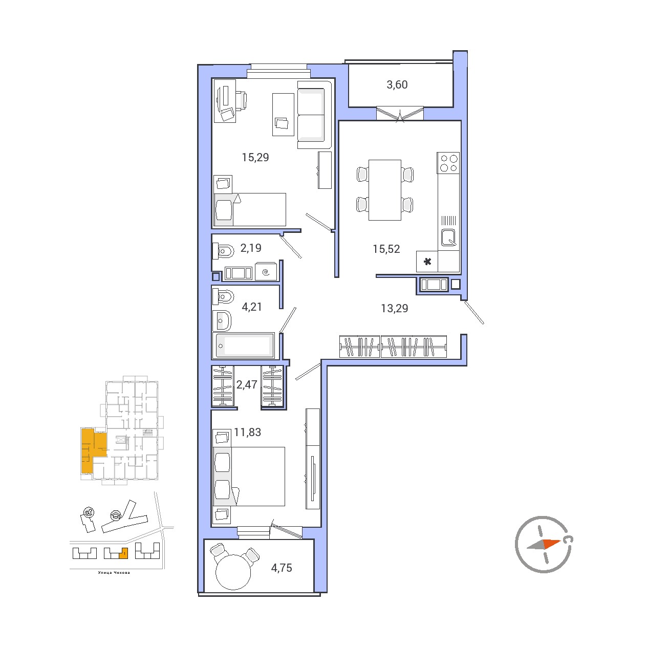 2-комн квартира Гатчина, г.Гатчина,Ул.Чехова, д.43 корпус 1 Кв 67, 2