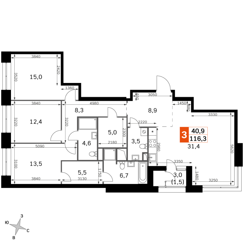 Продажа 3-комн квартиры в новостройке Москва г., Строительный проезд,  к. 3
