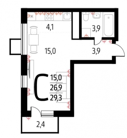 Планировка ЖК Новые Ватутинки. Микрорайон Десна, 19.1 м2