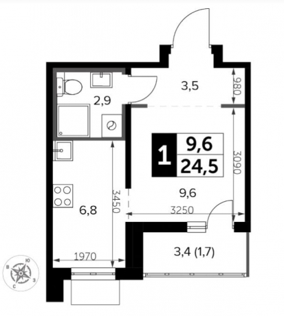 Планировка ЖК Южная Битца, 16.4 м2
