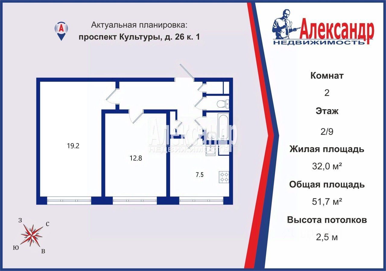 Продажа 2-комн квартиры на вторичном рынке проспект Культуры, 26К1