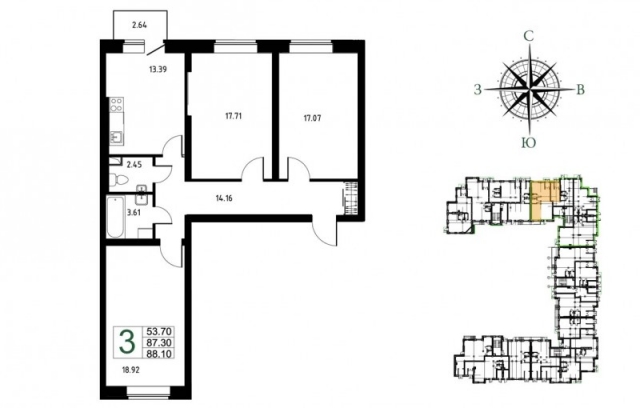 Планировка ЖК Демидовский Парк, 53.7 м2