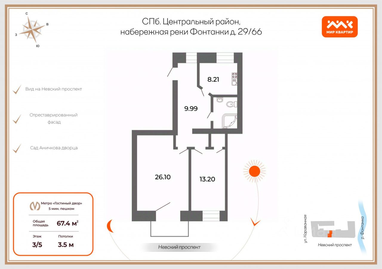 Продажа 2-комн квартиры на вторичном рынке набережная Реки Фонтанки, 29/66