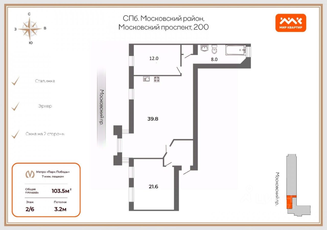 Продажа 2-комн квартиры на вторичном рынке Московский проспект, 200