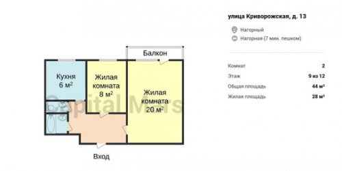 2-комн квартира Криворожская улица,  д. 13