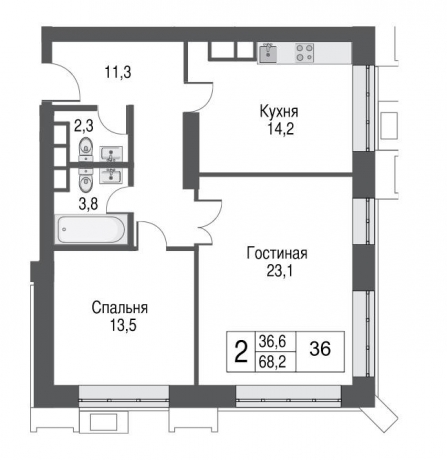 Планировка ЖК AFI Tower, 36.6 м2
