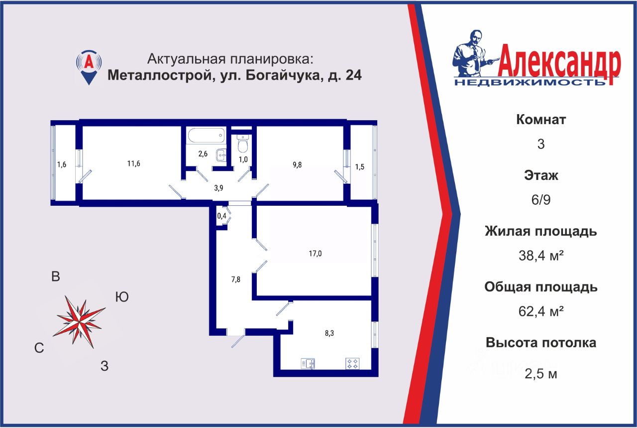 Продажа 3-комн квартиры на вторичном рынке пос. Металлострой, улица Богайчука, 24