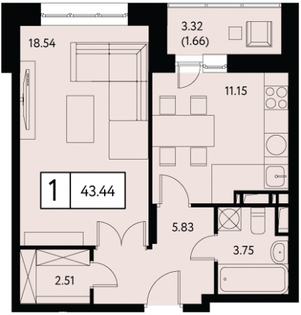 Планировка ЖК Преображенская площадь, 18.54 м2