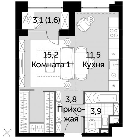 Планировка ЖК Сидней Сити, 15.2 м2