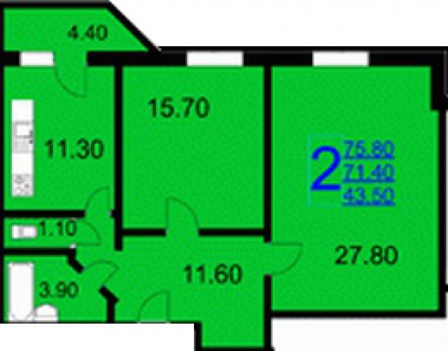 Планировка ЖК Холмогоры-3, 43.5 м2