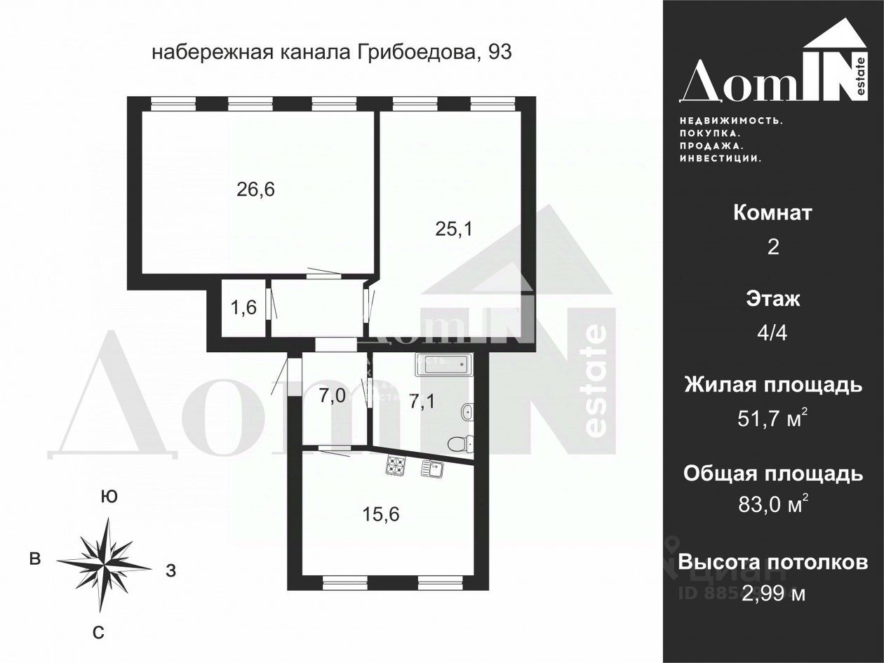 Продажа 2-комн квартиры на вторичном рынке набережная Канала Грибоедова, 93
