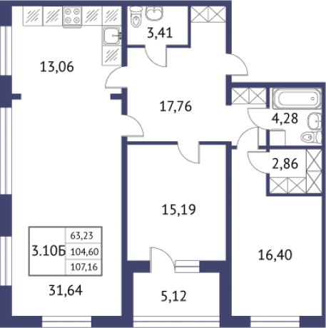 Планировка ЖК Неоклассика, 63.23 м2