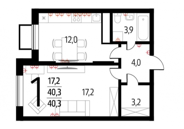 Планировка ЖК Новые Ватутинки. Микрорайон Десна, 17.2 м2
