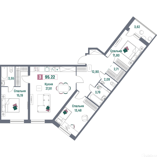 3-комн квартира город Мурино, проспект Авиаторов Балтики, 23к1