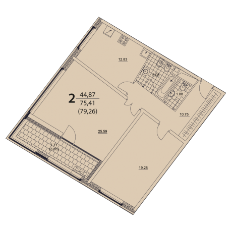 Планировка ЖК PRIZMA, 44.87 м2